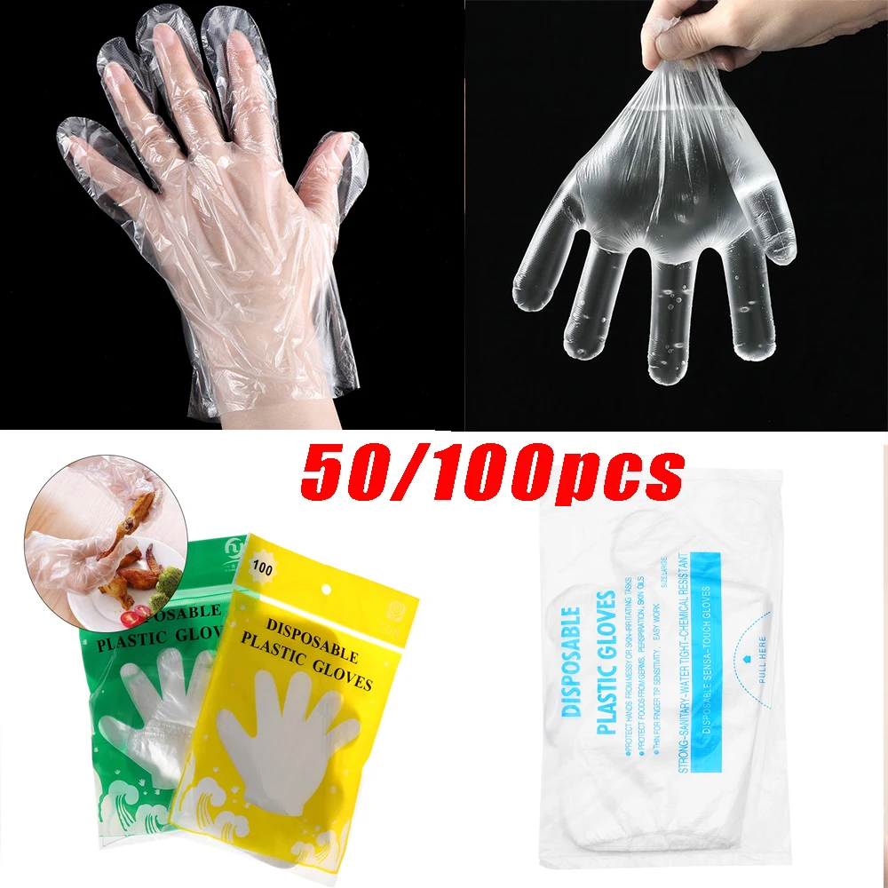 Lot de gants jetables transparents HDPE en polyéthylène, 100 pièces pour usage alimentaire et ménager.