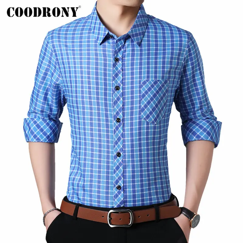 Бренд COODRONY, Мужская Уличная рубашка, повседневные рубашки, осенняя хлопковая рубашка с длинным рукавом, мужская клетчатая рубашка с карманом, 96092