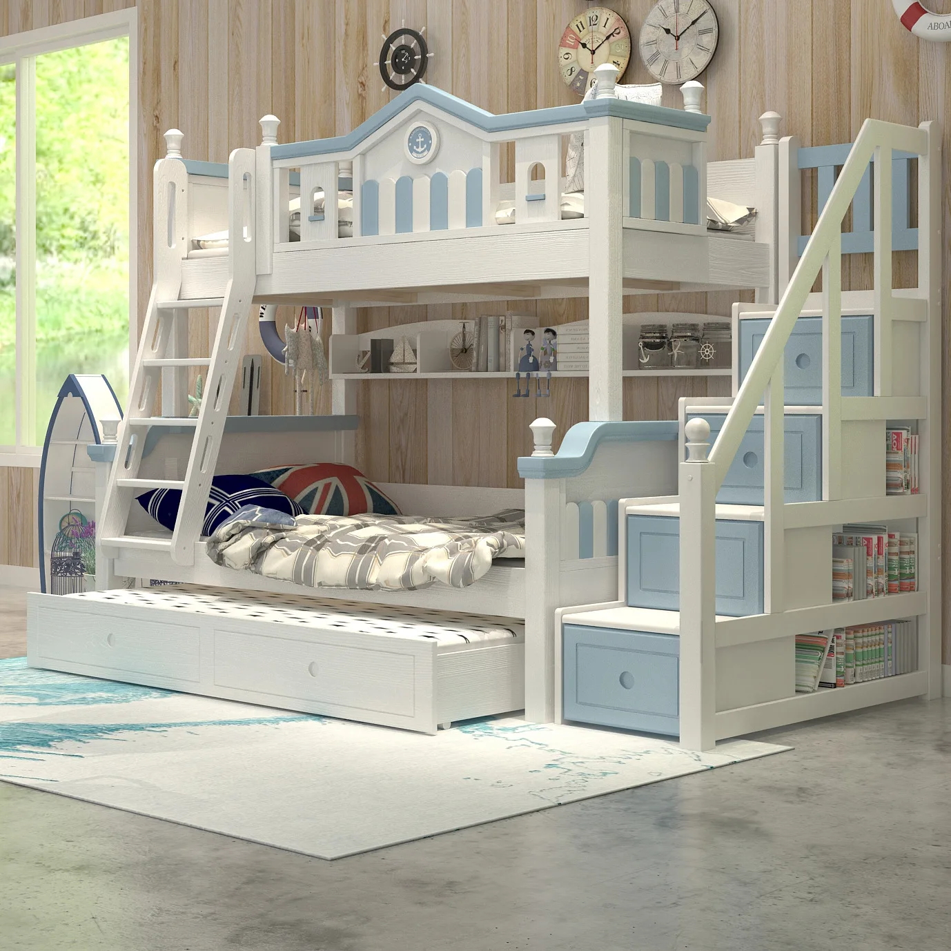 

Solid Wood Children Bunk Bed Height-adjustable Bed Multi-functional Combination Double Layer Bunk Bed Boys And Girls Bed Blue Be