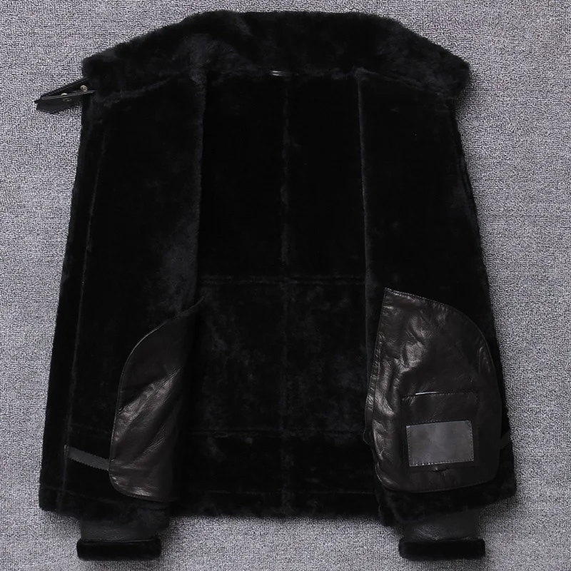 

Mens Winter Real Sheep Fur Lining Jacket Genuine Leather Motorcycle Windbreaker Jacket Buckle Collar Thick Warm Shearling Coat