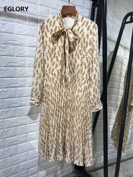 

High Quality Runway Dress 2020 Spring Style Women Bow Collar Leaves Print Long Sleeve Mid-Calf Pleated Dress Apricot Black Color