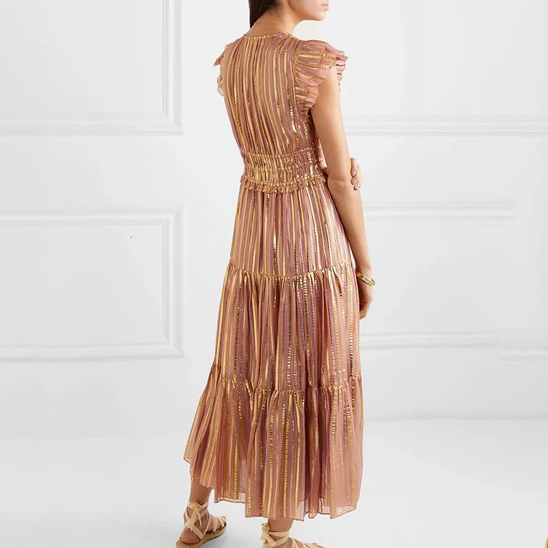 主 (1).jpg TWOTWINSTYLE Sexy Striped Women Dress V Neck Butterfly Sleeve High Waist Lace Up Tunic Ruched Winter Dress Fashion Clothing New