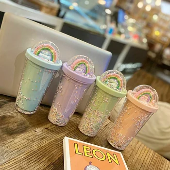 

Good Healthy Tumbler Starlight 450ML Straw Cold Water Cup Rainbow Decoration Silicone for Summer