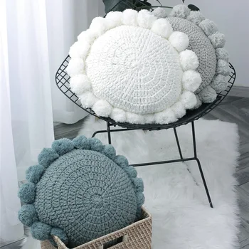 

Knit Cushion/Pillows,Modern high-end Pillow,Pompom Ball Round Cushion Case,For Sofa Wedding Bed Hotel Shop Decorative 50x50cm