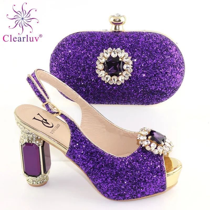 

Light Purple Autumn Special Design African Ladies Shoes and Bag to Match with Shinning Crystal Women Slipper for Wedding
