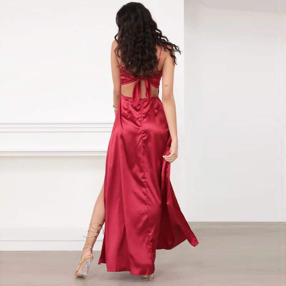 Backless Satin Lange Satin Kleid BOGEN straps Lace Up Sommer Sexy Kleid Doppel Schlitze Grün Rot Robe – Detail 5