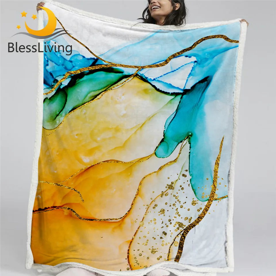 

BlessLiving Colorful Marble Blanket Pastel Purple Blue Sherpa Fleece Blankets Quicksand Bed Couch Blanket Girly Golden Bedding