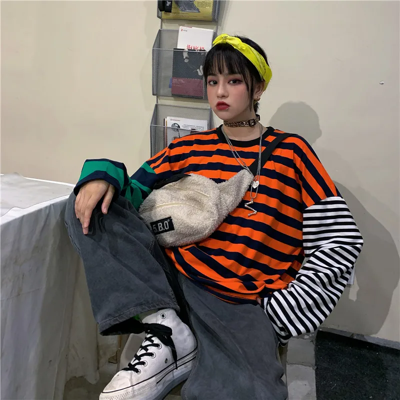 Qlychee Harajuku Лоскутная Женская футболка с вырезом лодочкой свободная полосатая Осенняя женская футболка хит цвета женские футболки с длинными рукавами