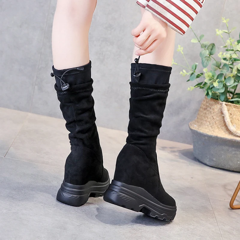 SWYIVY Chaussure Femme/обувь на танкетке до середины икры женская зимняя обувь г. Женские ботинки на платформе без застежки женские ботинки из флока