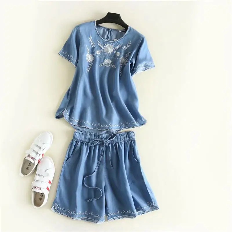 embroidery women denim set blouse loose o neck soft elastic waist jeans shorts beach set lace up  blue summer two piece set matching workout sets Women's Sets