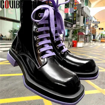 

COVIBESCO Fashion Genuine Leather Women Mid-Calf Boots Leather Platform Cross Tied Chunky Heels Pumps Party Casual Shoes Woman