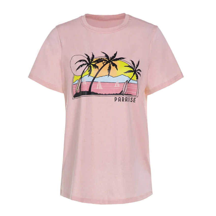 Pink T Shirt Women Summer Tops Tee Fashion Beach Print T-shirt Casual Summer Short Sleeve Top Women O-neck Tee Shirt Soft Cotton