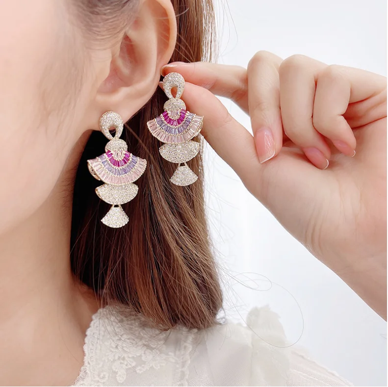 Fashion Heavy industry color zircon earrings stereo gradient pink fan-shaped earrings women A163