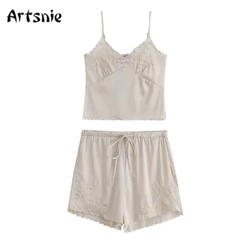 

Artsnie vintage embroidery two piece set women summer outfits stain strap camis high waist shorts tracksuit mujer jogging femme