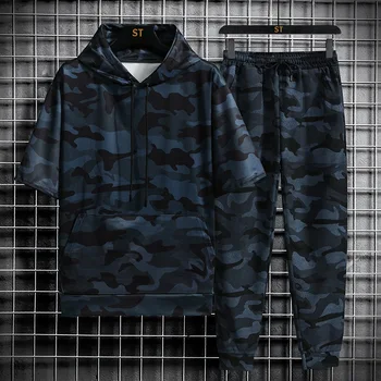 Spring Summer New Camouflage Men's Suit Sports Fitness Short Sleeve Hoodie+Trousers Men 2 Pieces Casual Outdoor Fashion Shorts 3