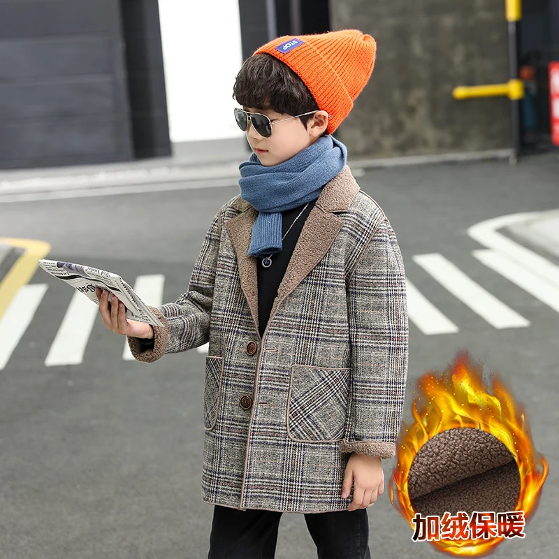 Boys Woolen Coat New Fall Winter Clothes Children Fleece-lined Woolen Jacket Teenager Kids Casual Plaid Velvet Outerwear
