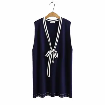 

Plus size knitted women loose long vest dress sweaters 2021 new autumn winter casual ladies bow neck pullover female navy tops