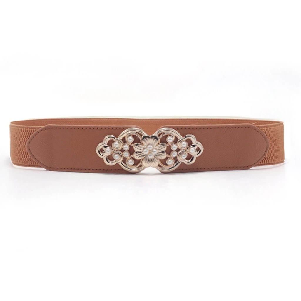 Women Retro Gold Floral Buckle Stretch Belt Lady Fashion Brief Vintage Wide Thin Skinny Elastic Waist Band 907