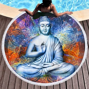 

Buddha Statue Printed Round Beach Towel Indian Summer Adults Kids Yoga Mat Tassel Microfiber Beach Towel