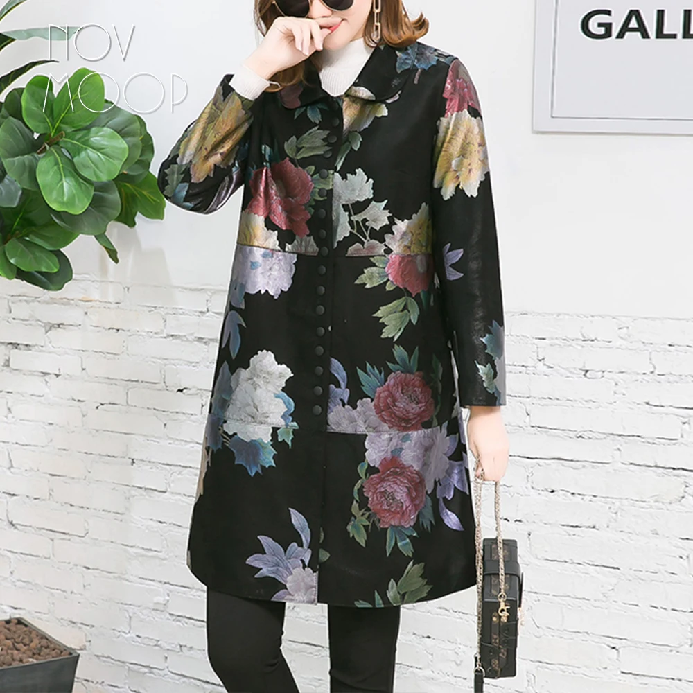 Novmoop осень зима ретро цветочный принт Овчина натуральная кожа куртка для женщин тонкое длинное пальто chaqueta mujer LT2841