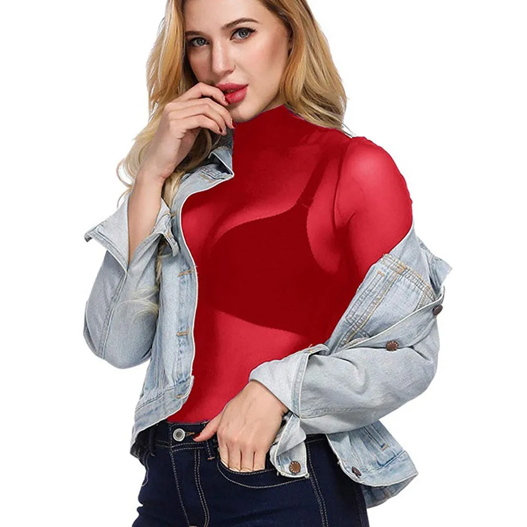 Женский сексуальный сетчатый пуловер с длинным рукавом, футболка, водолазка, однотонный цвет, модные топы, Женские повседневные топы, женская блуза# LR1