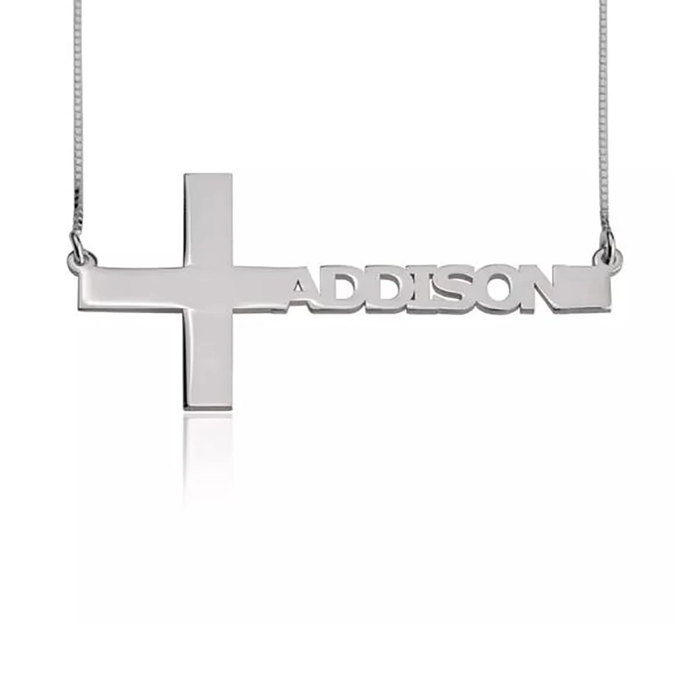 

RIR Custom Name Engraved Cross Personalized Cut Out Sideways Name Cross Necklace First Communion Baptism Gift Religious Gift