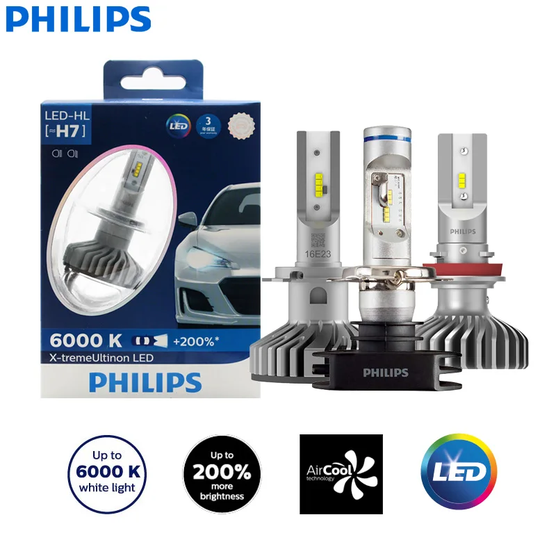 Mechanics Sikker Udstyr Philips X-treme Ultinon LED H4 H7 H8 H11 H16 9005 9006 HB3 HB4 12V 6000K  Car LED Head Light Auto Fog Lamps +200% Brighter (Twin)