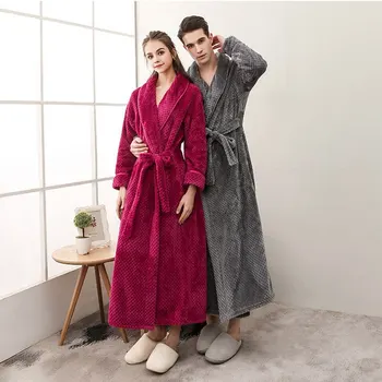 

Winter Flannel Lovers Robe Gown Elegant Solid Sleepwear Pajamas Nightgown Keep Warm Men And Women Bathrobe Homwear