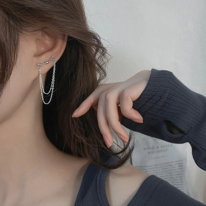 New 925 Sterling Silver Earring Fashion Smile Double Layer Chain Stud Wild Simple Temperament Trend Female Girl Ear Jewe | Украшения и