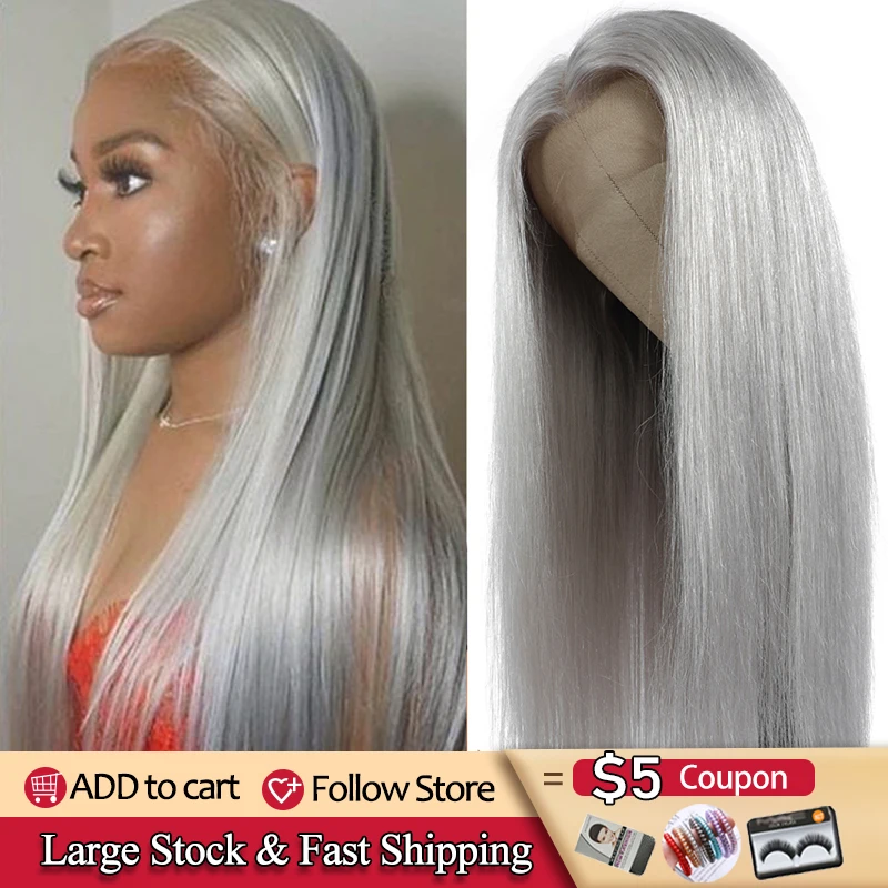 Wigs Human-Hair-Wigs Lace-Front-Wig Gray Grey Silver Pre-Plucked Straight Brazilian 13x4