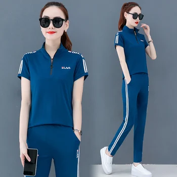 

Korean Wild Summer 2 Piece Set Fashion Thin Casual Womans Tracksuits Suits Set Short Sleeve Zipper Clothes Blue Red Yellow
