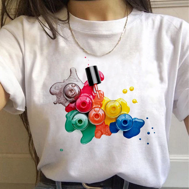 

2024 Summer Women T-Shirt Nail Polish Printed Tshirts Femme Casual Tops Tee Harajuku 90s Vintage White Tshirt Female Clothing