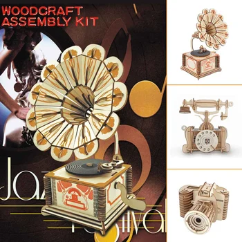 

Wooden 3D Building Model Toy Gift Puzzle Hand Work Assemble Game Construction Kit Ancient Telephone Retro Collection