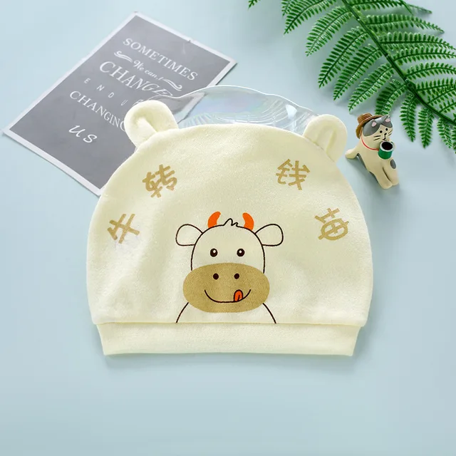 Four Seasons Kids Newborn Baby Hats 100% Cotton Cap 40 Color Cartoon Cute Printed Hat Suitable for 0-12 Months Baby Accessories Niu Niu yellow