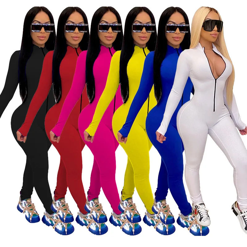 

2020 New Autumn Women Jumpsuit Hot Style Model Fashion Sexy Solid-color Long Sleeves Zip & Trouse Rompers Bodysuit
