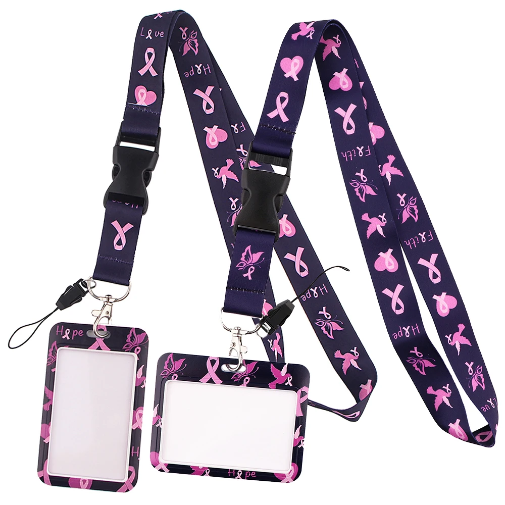 DZ1400 Pink Ribbon Breast Cancer Women Key lanyard Car Keychain Personalise ID Card Pass Gym Mobile Phone Ring Badge Holder | Украшения и