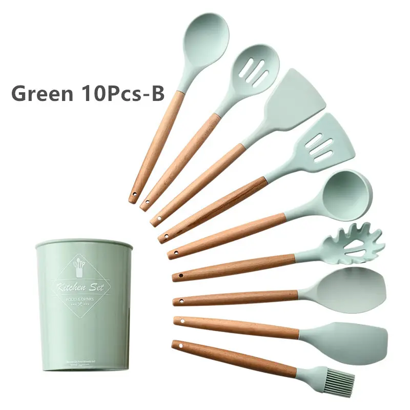 Green 10Pcs-B 9/10/12 шт. силиконовых кейсов Пособия по кулинарии набор посуды с антипригарным покрытием шпатель лопата с деревянной ручкой Пособия по кулинарии Набор инструментов с ящиком для хранения Кухня инструменты - Цвет: Green 10Pcs-B