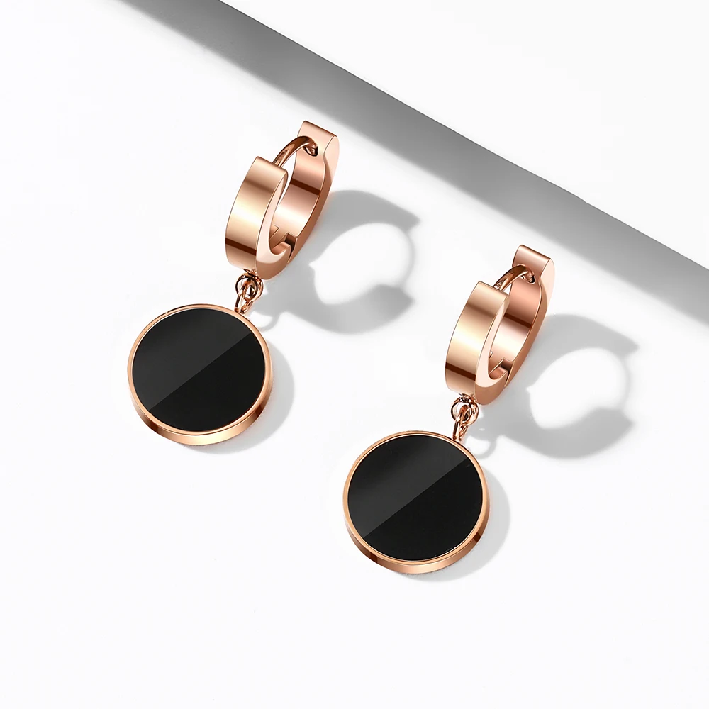 WYBU Titanium Steel Black Round Pendant Drop Earring For Women Rose Gold Plated Hoop Dangle Earring Earing Jewellery For Ear