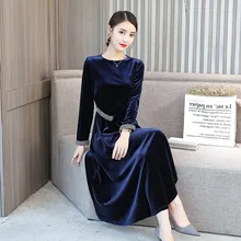 Весна и осень стиль женское стройнящее элегантное основание теплое Hong Kong вкус средней длины бархатное платье женское платье