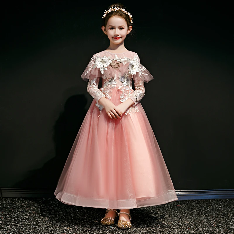 2019Autumn Winter Sweet Cute Beautiful Elegant Florals Princess Dress For Birthday Evening Party Girs Children Host Dress Wear