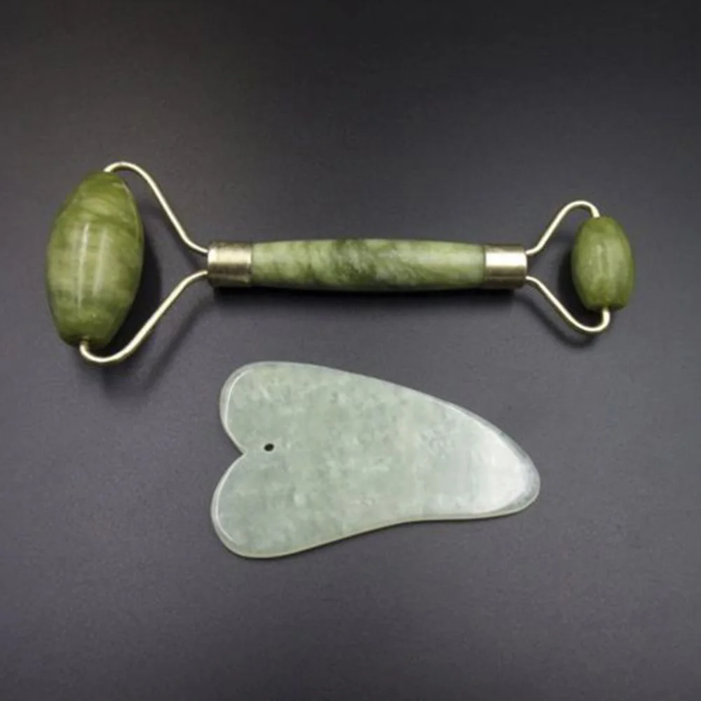 2 в 1 зеленый ролик и Gua Sha Инструменты Набор натурального нефрита скребок массажер с камнями для лица шеи спины и Jawline