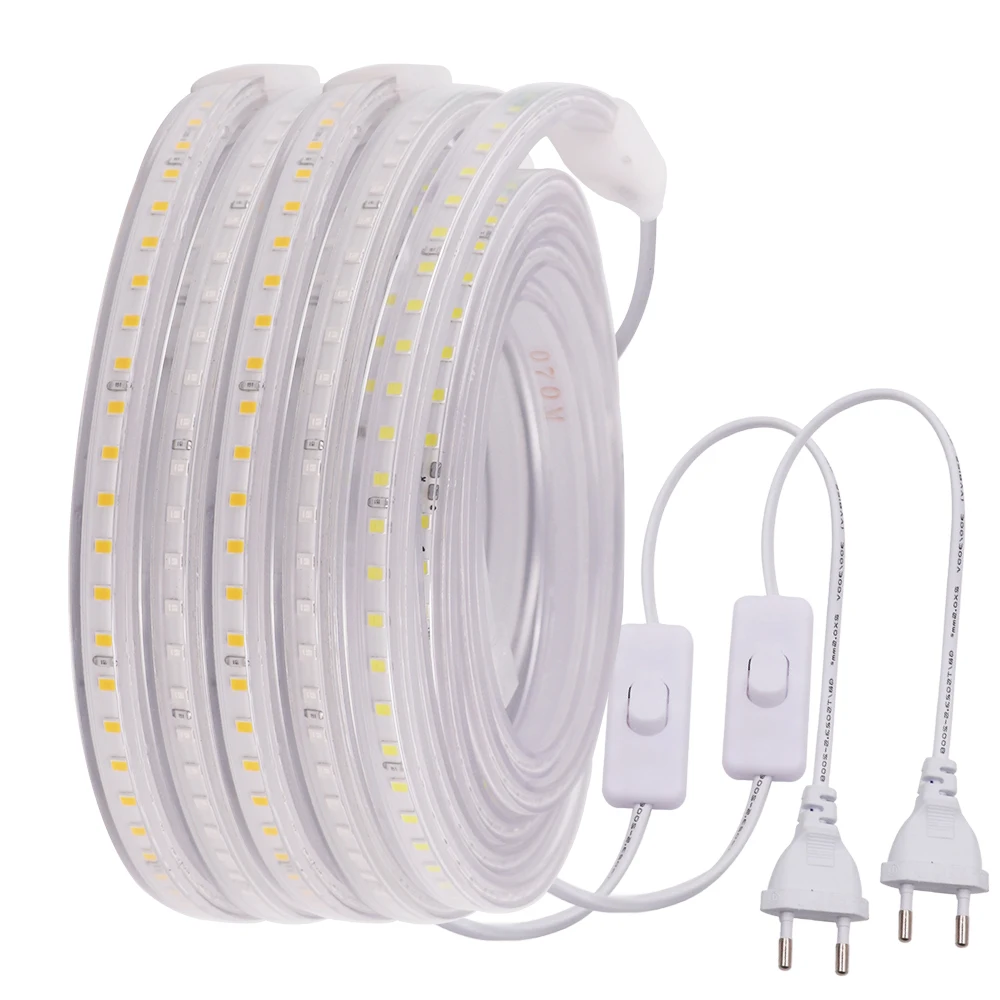 Flexible Led Strip With Switch 220V 2835 Ribbon Diode Tape Outdoor Lighting 120Leds/m Led Strip Light Waterproof White/Warm 220v led strip light with eu switch plug high brightness 2835 120leds m flexible led tape ribbon waterproof outdoor lamp 1m 35m