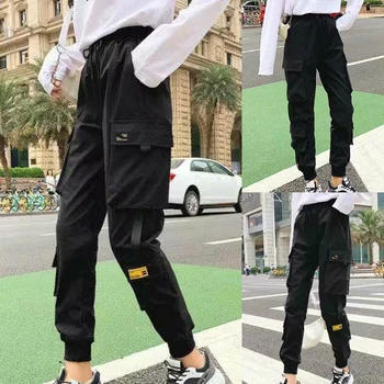 

Women Fashion Streetwear Cargo Pants Black Ankle Length Elastic Waist Joggers Female Loose Trousers Casual Haren Pants