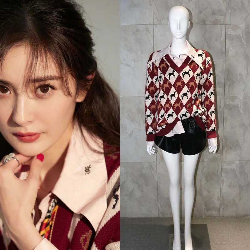 

Spring autumn pullover with horse image pattern plaid sweater V-neck sweater