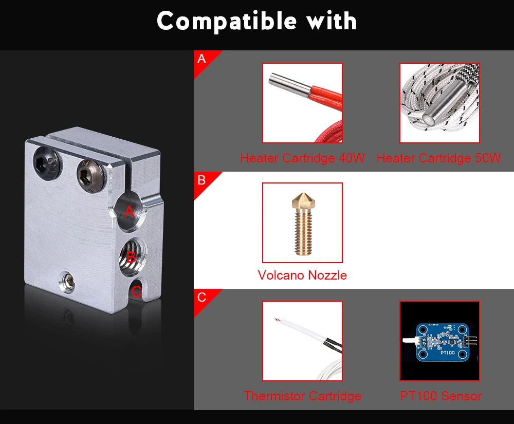 Высокое качество вулканический обогреватель блок для E3D Volcano hotend V6 экструдер подходит PT100 сенсорный терморезистор 3D-принтеры Запчасти блок нагревания