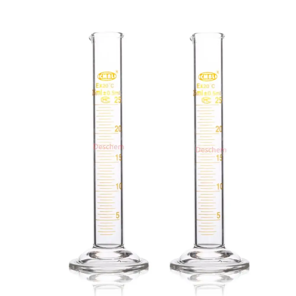 2Pcs 25ml Glass Measuring Cylinder Graduated & Spout Mouth Lab Glassware
