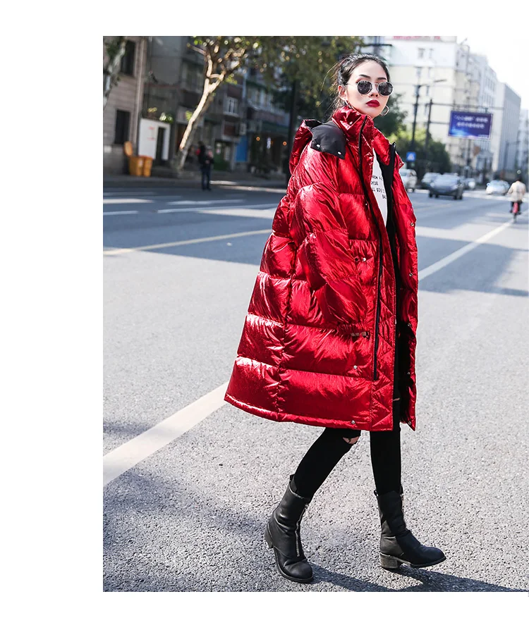 Длинная зимняя куртка, парка для женщин, новинка, яркая красная хлопковая стеганая куртка с капюшоном, верхняя одежда, Толстая теплая, плюс размер, пуховое хлопковое пальто