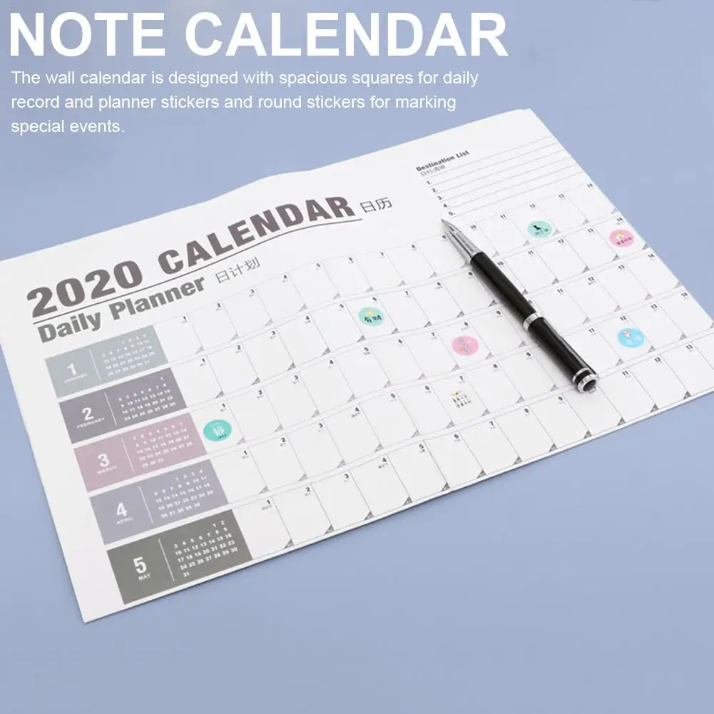

1PC 2020 Planner Wall Calendar 365/100 Days Daily Monthly Yearly Agenda Schedule Note Paper With Label Stickers Office Supplies
