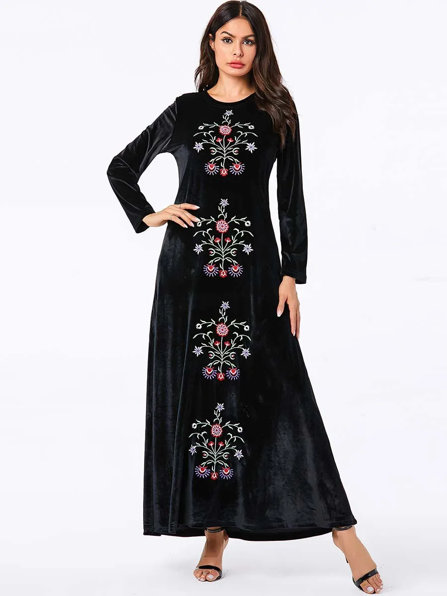 Elegant Velvet Abaya Muslim Embroidery Maxi Dress Cardigan Kimono Long Robe Gowns Middle East Eid Ramadan Islamic Prayer - Цвет: black