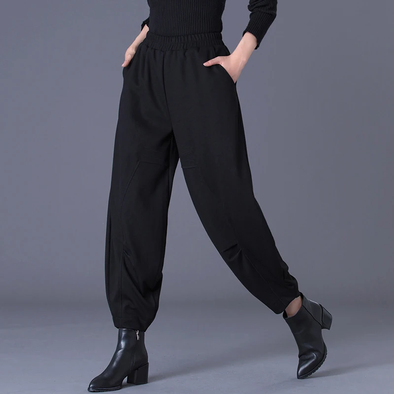 [EAM] Черные длинные штаны-шаровары с высокой эластичной талией для отдыха, новые свободные брюки, женские модные весенне-осенние штаны, 1K779 - Цвет: black